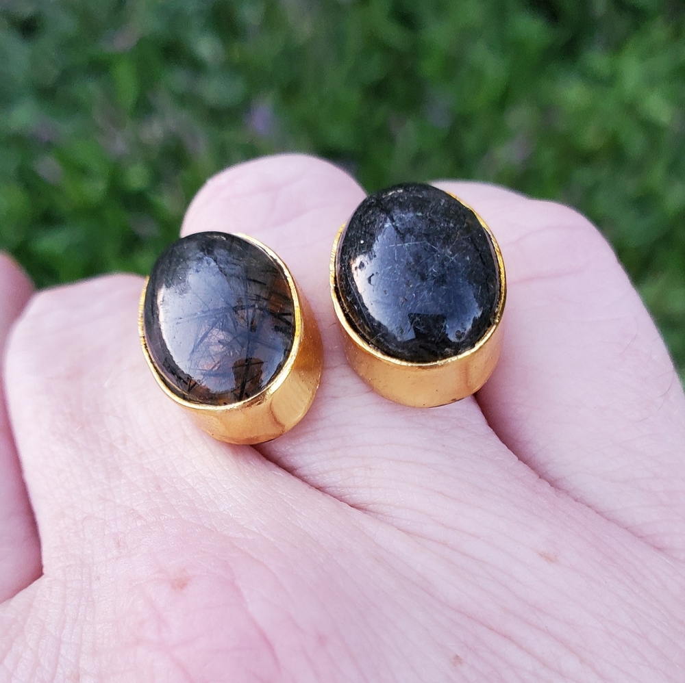 New Black Rutile Quartz Gold Open Cuff Ring.